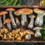Top view of edible wild mushrooms in wooden box